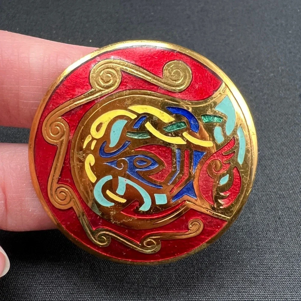 Vintage Celtic Brooch Red Gold Multicolor Enamel Knotwork‎ Irish